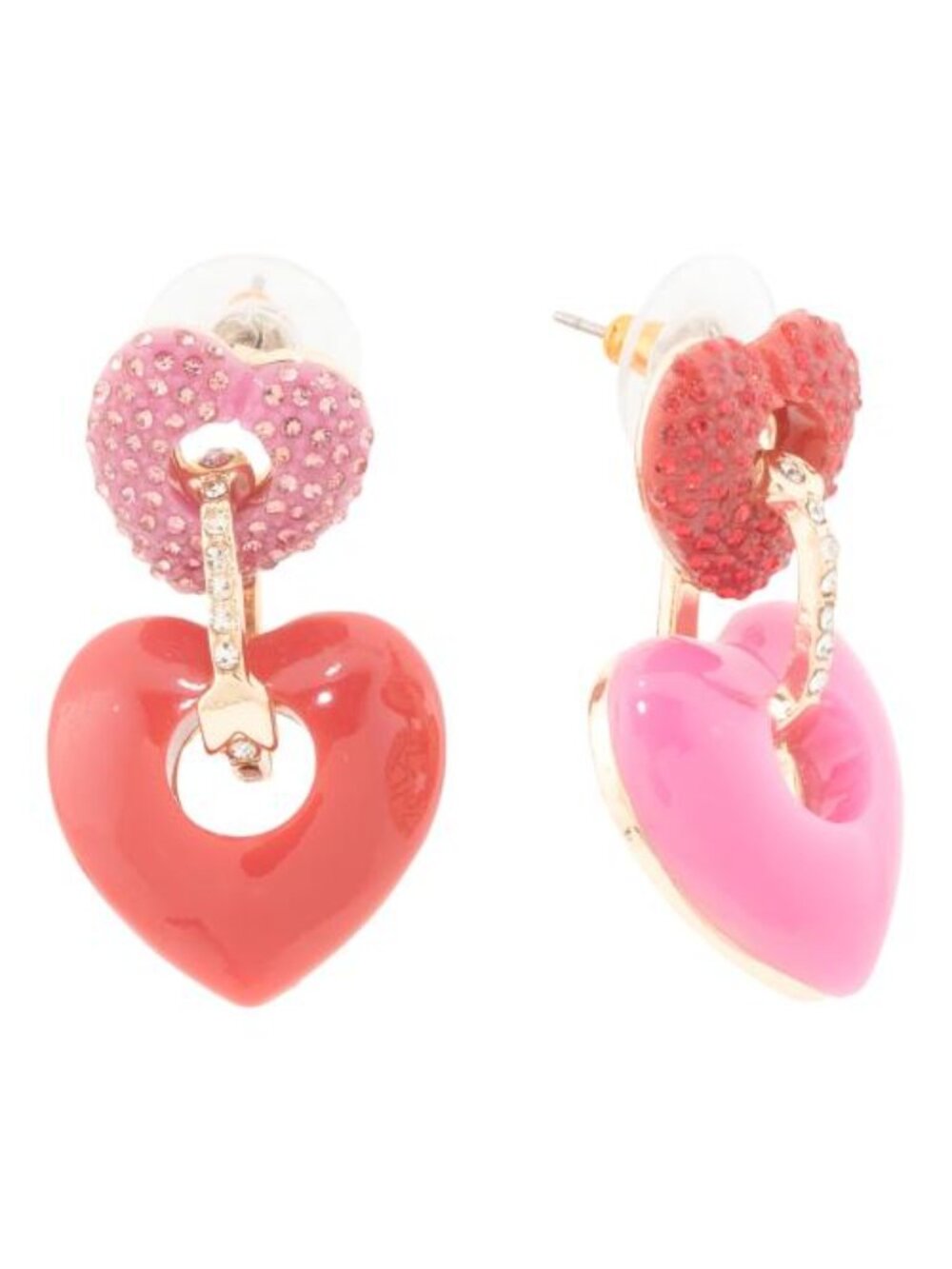 NWT Betsey Johnson Double Heart Arrow Mismatch Pink Red Crystal Dangle Earrings